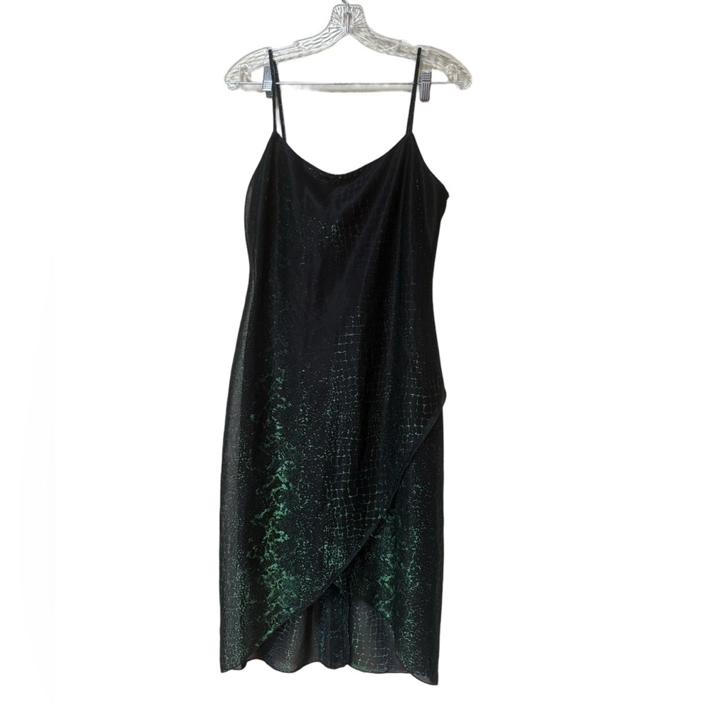 Vintage 90s Iridescent Slip Dress Green Black Y2K Asym Hem S